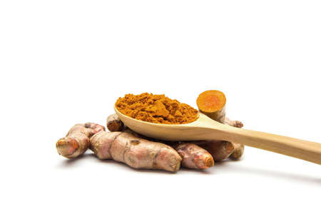 Turmeric or Curcuma longa Fresh turmeric herb and Herbal Capsule isolated on white background.