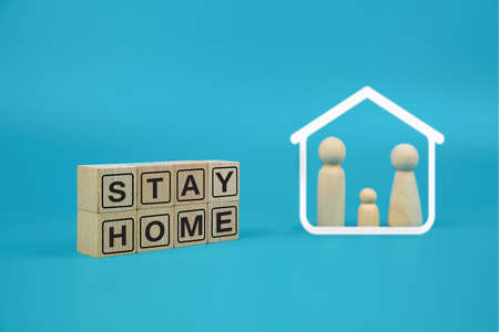Stay home Stay safe icons on wooden toy block.Concepts for health and medical prevention of...