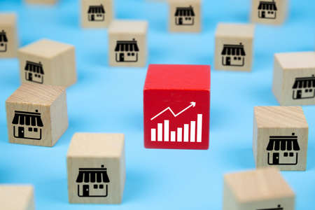 Cube wooden toy blogs with franchise marketing store icon and graph icon. for business growth and Strategic planning organizational management.の写真素材