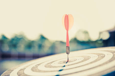 Bullseye or dart board has dart arrow throw hitting the center of a shooting target for business targeting and winning goals business concepts.の写真素材