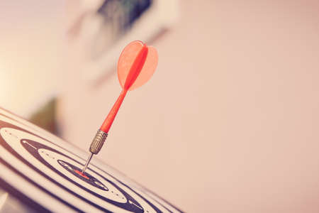 Bullseye or dart board has dart arrow throw hitting the center of a shooting target for business targeting and winning goals business concepts.の写真素材