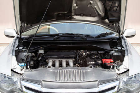 Close-up of the front view of the car engine.の写真素材