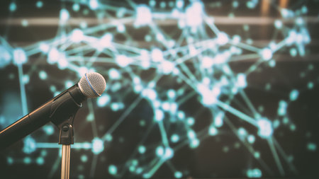 Public speaking backgrounds, Close-up the microphone on stand for speaker speech at seminar room with technology light background and blur bokeh.の写真素材