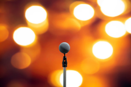Public speaking backgrounds, Close-up the microphone on stand for speaker speech at seminar room...