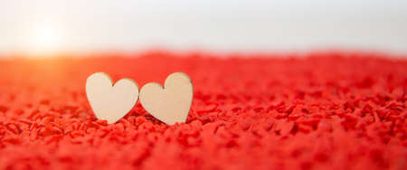 Close-up two hearts shape on a red sand background with the sun shines and shadows. Concept the day...