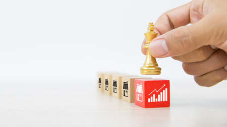 Hand choose king chess on cube wooden toy blocks stack with franchise business store and graph icon for growth and branch expansion strategy of financial marketing planning concepts.の写真素材