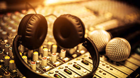 Headphone and microphone and audio sound mixer in studio for sound control system and recording...