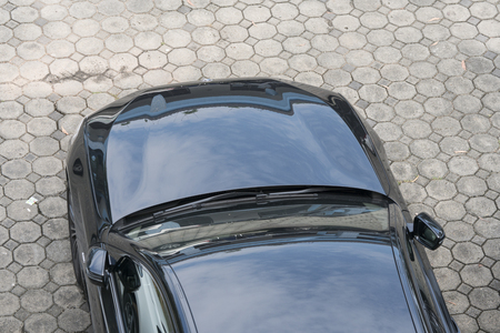 black car Top view of parking laneの写真素材