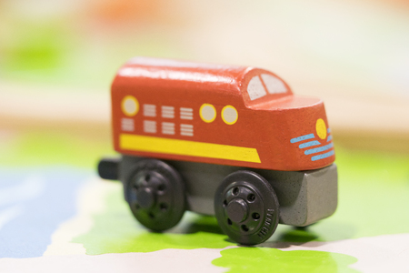 Red train Wooden toy - Toys for kids Play set Educational toys for preschool indoor playground (selective focus)の写真素材