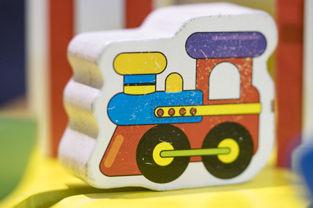 wooden toy train - Play set Educational toys for preschool indoor playground (selective focus)の写真素材
