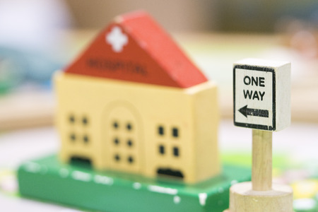 Hospital Wooden Toy Set and One way Signs Play set Educational toys for preschool indoor playground (selective focus)の写真素材