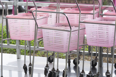 small shopping carts pink color in a Retail department store.の写真素材