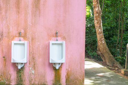 Close up row of outdoor urinals men public toilet at park, , Pink wall background, nature backgroundの写真素材