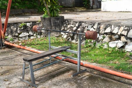 Homemade iron exercise equipment for playing sports in a city parkの写真素材
