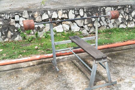 homemade barbell Street workout. Exercise equipment used in weight trainingの写真素材