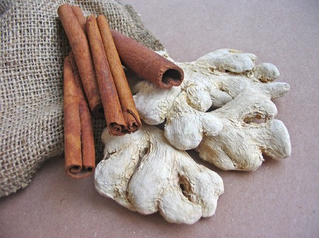 Cinnamon sticks with ginger roots on brown backgroundの写真素材
