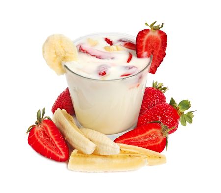Delicious milk drink with strawberries and bananaの写真素材