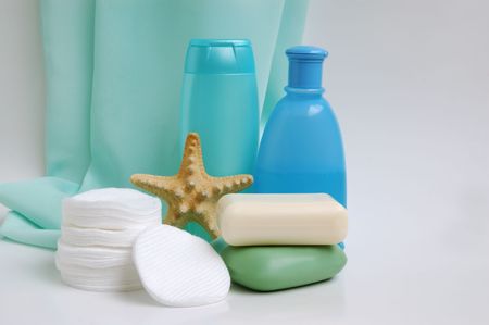 Household items for cleanliness on a satin backgroundの写真素材