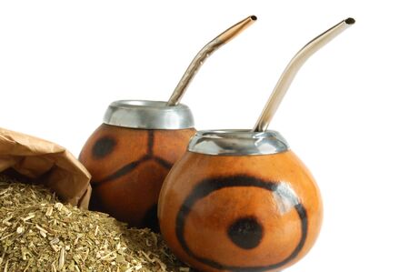 Ñups from calabash and straws with dry mate leaves - traditional drink of Argentina.の写真素材