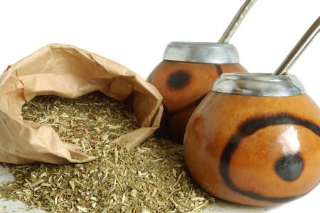 Ñups from calabash and straws with dry mate leaves - traditional drink of Argentina.