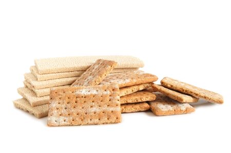 Stack of cracker slices for balance diet on white backgroundの写真素材