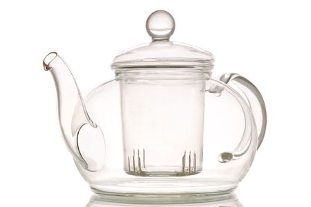 Empty glass teapot on white backgroundの写真素材