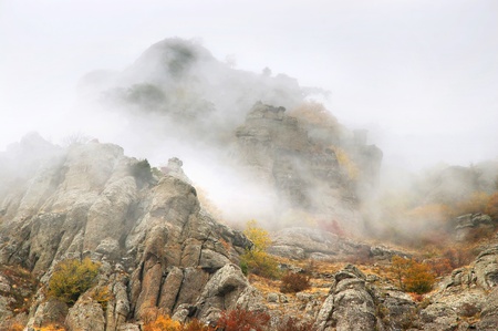 View of misty fog mountains in autumn, Crimea, Ukraineの写真素材