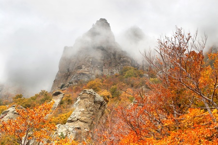 View of misty fog mountains in autumn, Crimea, Ukraineの写真素材