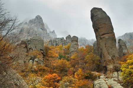View of misty fog mountains in autumn, Crimea, Ukraineの写真素材