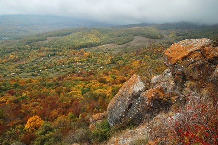 View of misty fog mountains in autumn, Crimea, Ukraineの写真素材