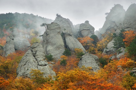 View of misty fog mountains in autumn, Crimea, Ukraineの写真素材