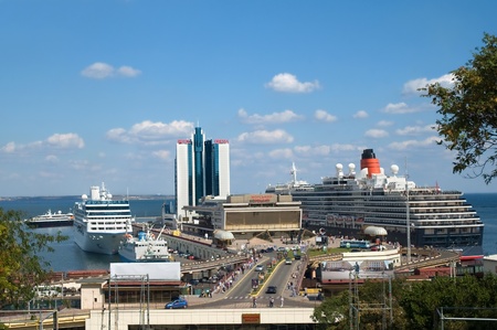 Odessa, Ukraine - September 04, 2011: Cruise ships Queen Victoria and Nautica docked in a Odessa sea port. のeditorial素材