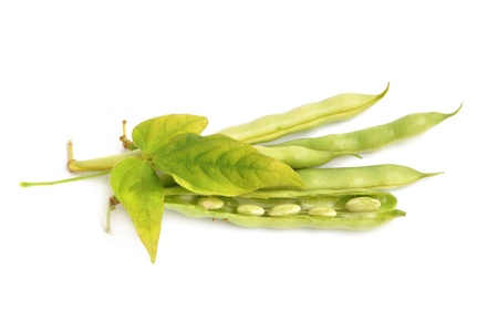 Bunch of fresh green haricot with leaf on a white background