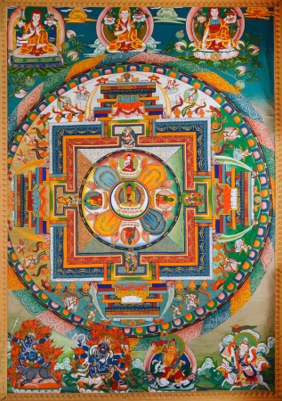 Wheel of Dharma. Old buddhist fresco at the wall of tibetan monasteryのeditorial素材