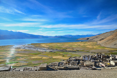 Korzok village in Indian Himalayas and Tso Moriri Lake. India, Ladakh, altitude 4600 mの写真素材