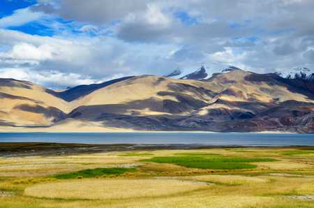 Tso Moriri lake in Indian Himalayas with wheat fields on the foreground in Ladakh, India, altitude 4600 mの写真素材