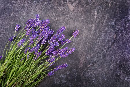 Top view of fresh lavender bouquet on black stoneの写真素材