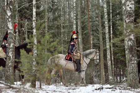 Borisov, Belarus - November 25, 2018: Historic reconstruction The Battle of Berezina in napoleonic war between Russian and French armies in 1812. Crossing of the Berezina river. End of French invasion of Russia.のeditorial素材