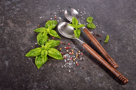 Top view of vintage spoons laying on the stone desk with salt, pepper and green basilの写真素材