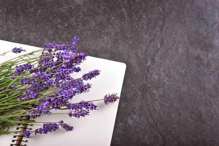 Top view of lavender bouquet with open blank notepad on black stone background, copy space for your textの写真素材