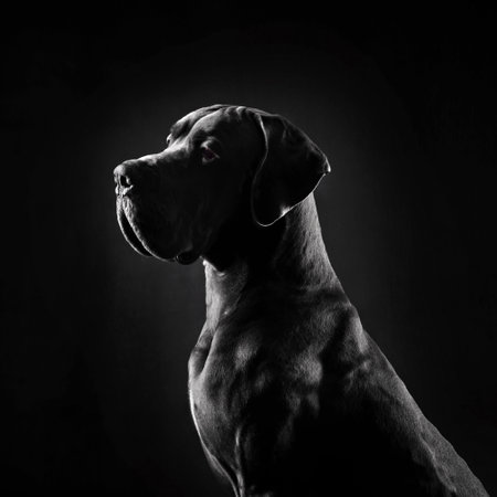 Portrait of big Great Dan dog with uncropped ears on a black backgroundの写真素材