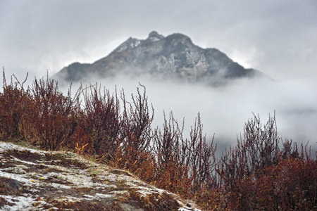 Langtang trek in Nepal Himalayas. Cloudy sky and mountains covered by fog.
