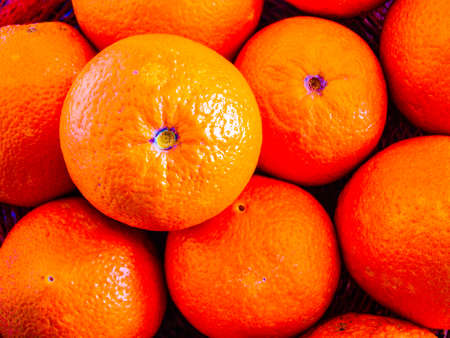 Ripe tangerines on a market stall. Orange background.の写真素材