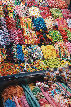 Sweets stall at the Boqueria market in Barcelona, Spain, on November 3, 2023のeditorial素材