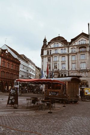 Takeaway food stall in a square in the center of Basel in Switzerland on November 18, 2019
