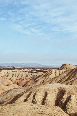 Desert landscape with various abstract geological forms in the Bardenas Reales of Navarra, Spain, on December 26, 2023のeditorial素材