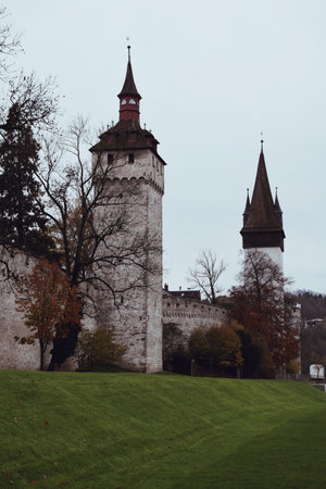 ancient walls of the city of Lucerne in Switzerland on November 20, 2019のeditorial素材