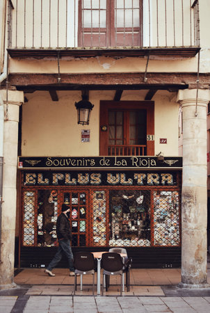 man walking in front of an old souvenir shop in LogroÃ±o in La Rioja, Spain on October 20, 2021のeditorial素材