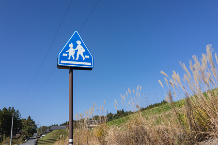 School Sign, children crossing sign beside the street with clear blue sky in autumn Japan.の写真素材