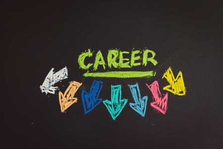 Career path and work opportunities concept, colorful handwriting chalk the word CAREER with uncertain multi directional arrow on chalkboard.の写真素材